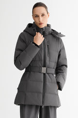 Celeste Polished Edge Belted Hooded Down Jacket #color_darkgray
