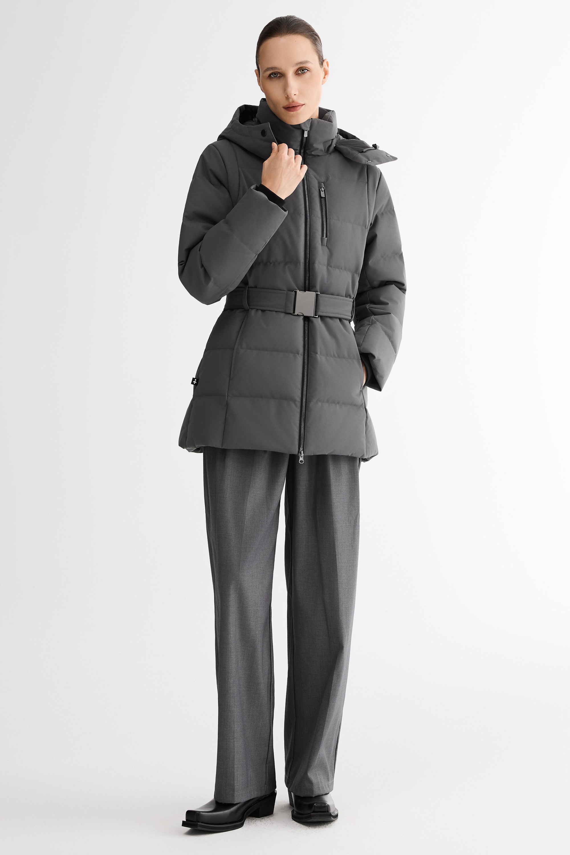 Celeste Polished Edge Belted Hooded Down Jacket #color_darkgray