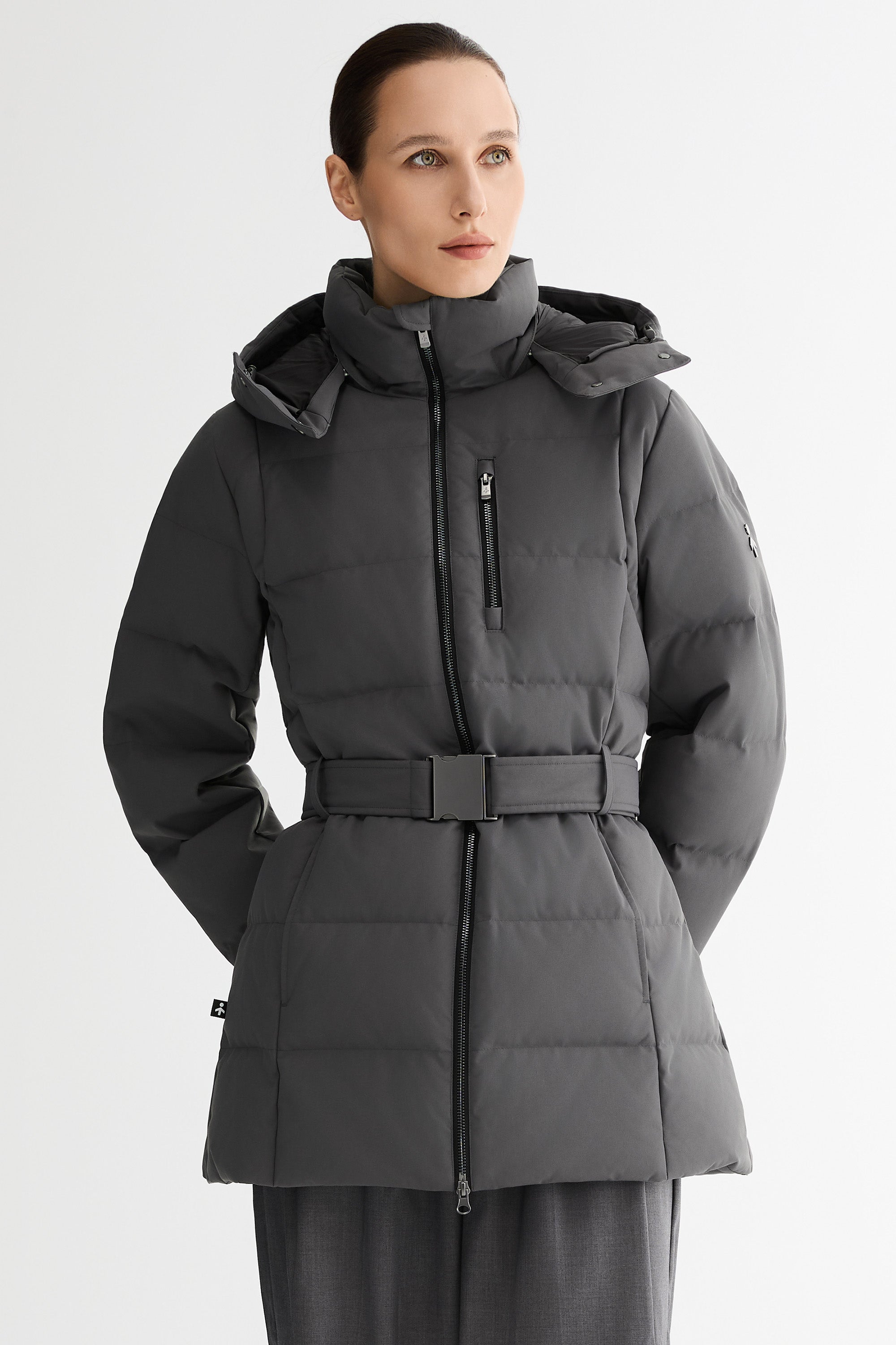 Celeste Polished Edge Belted Hooded Down Jacket #color_darkgray