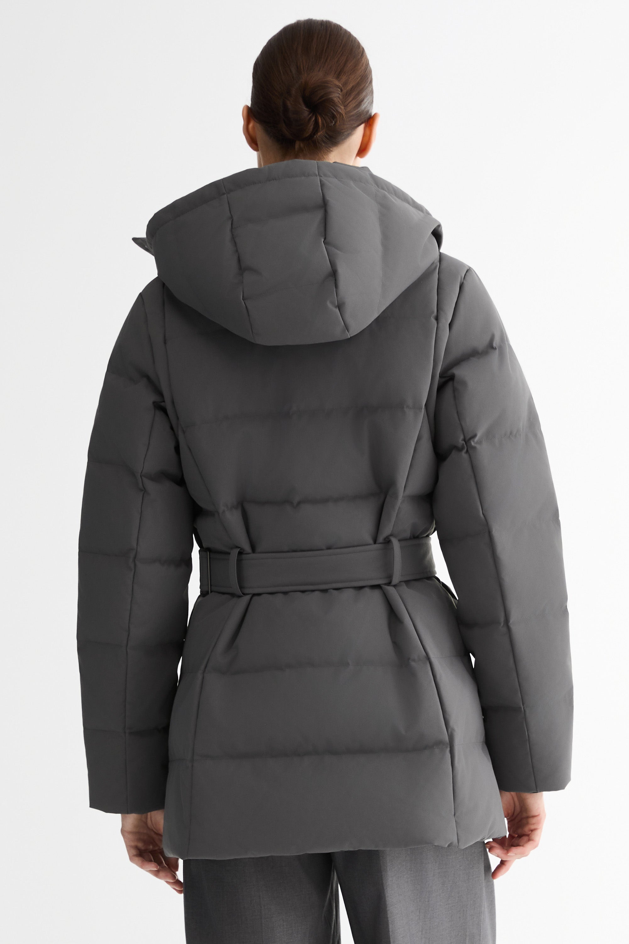 Celeste Polished Edge Belted Hooded Down Jacket #color_darkgray