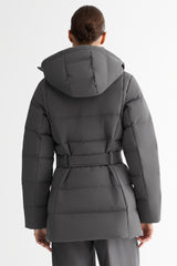 Celeste Polished Edge Belted Hooded Down Jacket #color_darkgray