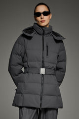 Celeste Polished Edge Belted Hooded Down Jacket #color_darkgray