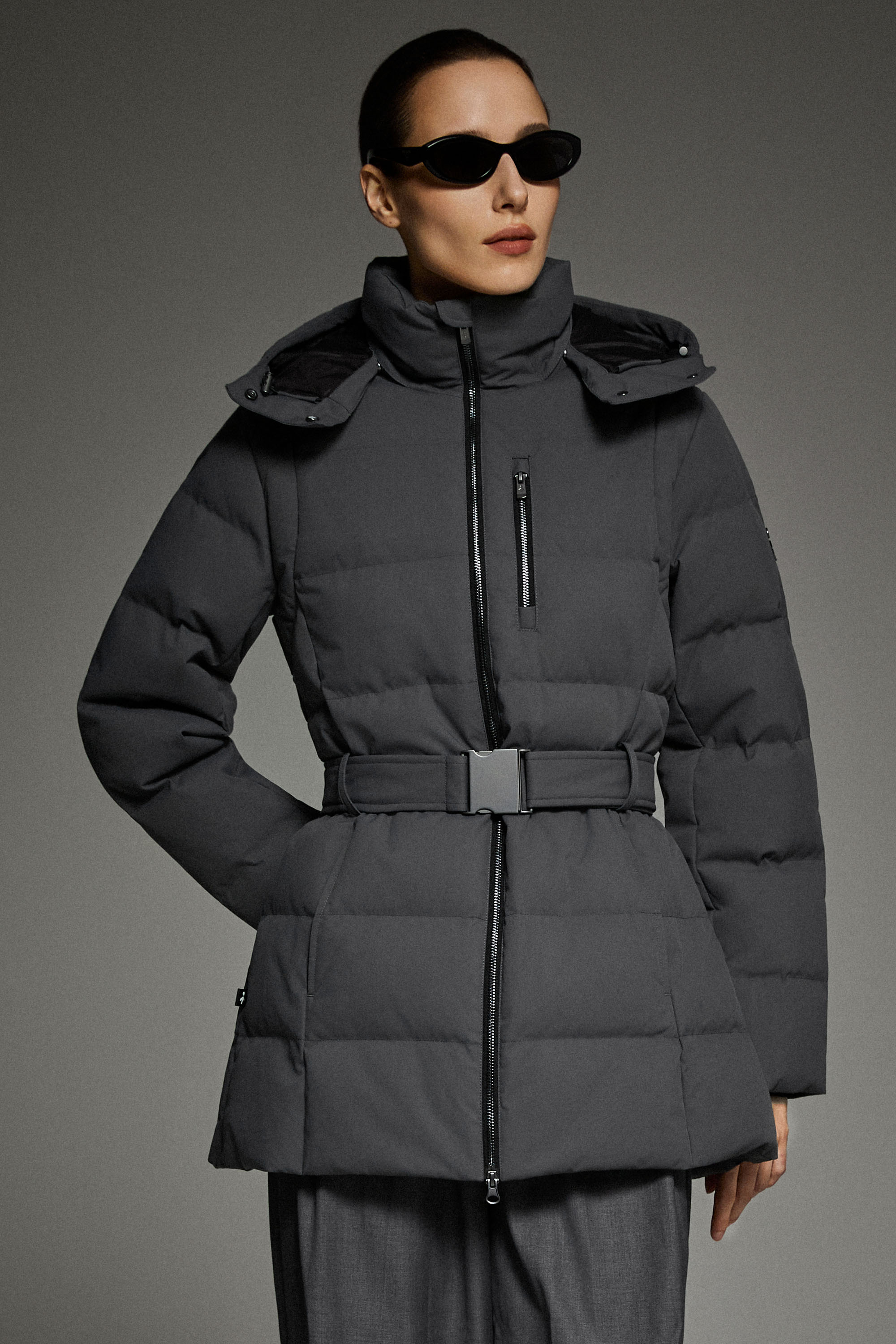 Celeste Polished Edge Belted Hooded Down Jacket #color_darkgray