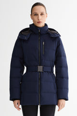 Celeste Polished Edge Belted Hooded Down Jacket #color_navy