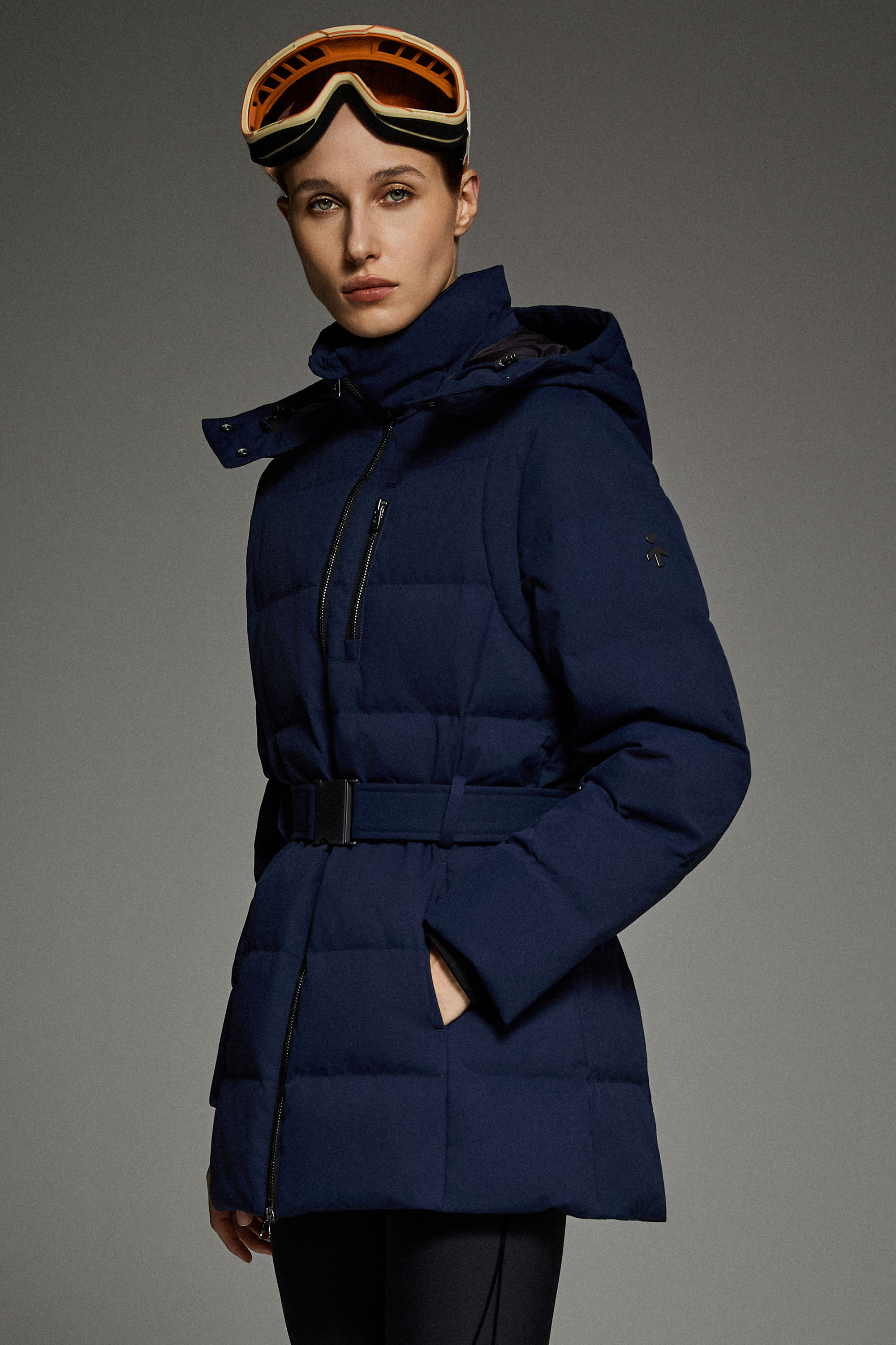 Celeste Polished Edge Belted Hooded Down Jacket #color_navy