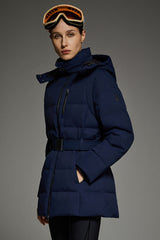 Celeste Polished Edge Belted Hooded Down Jacket #color_navy