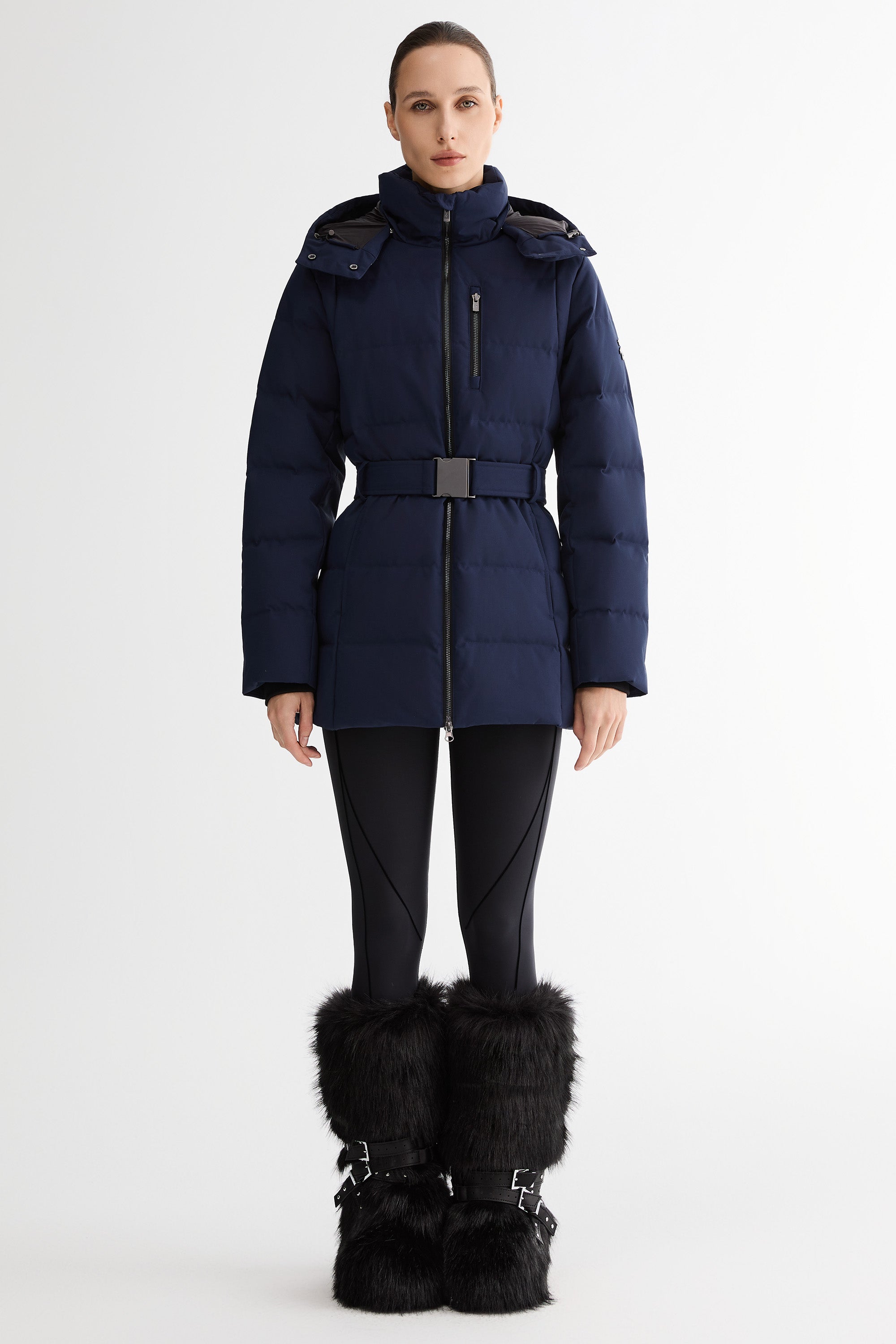 Celeste Polished Edge Belted Hooded Down Jacket #color_navy