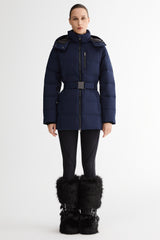 Celeste Polished Edge Belted Hooded Down Jacket #color_navy