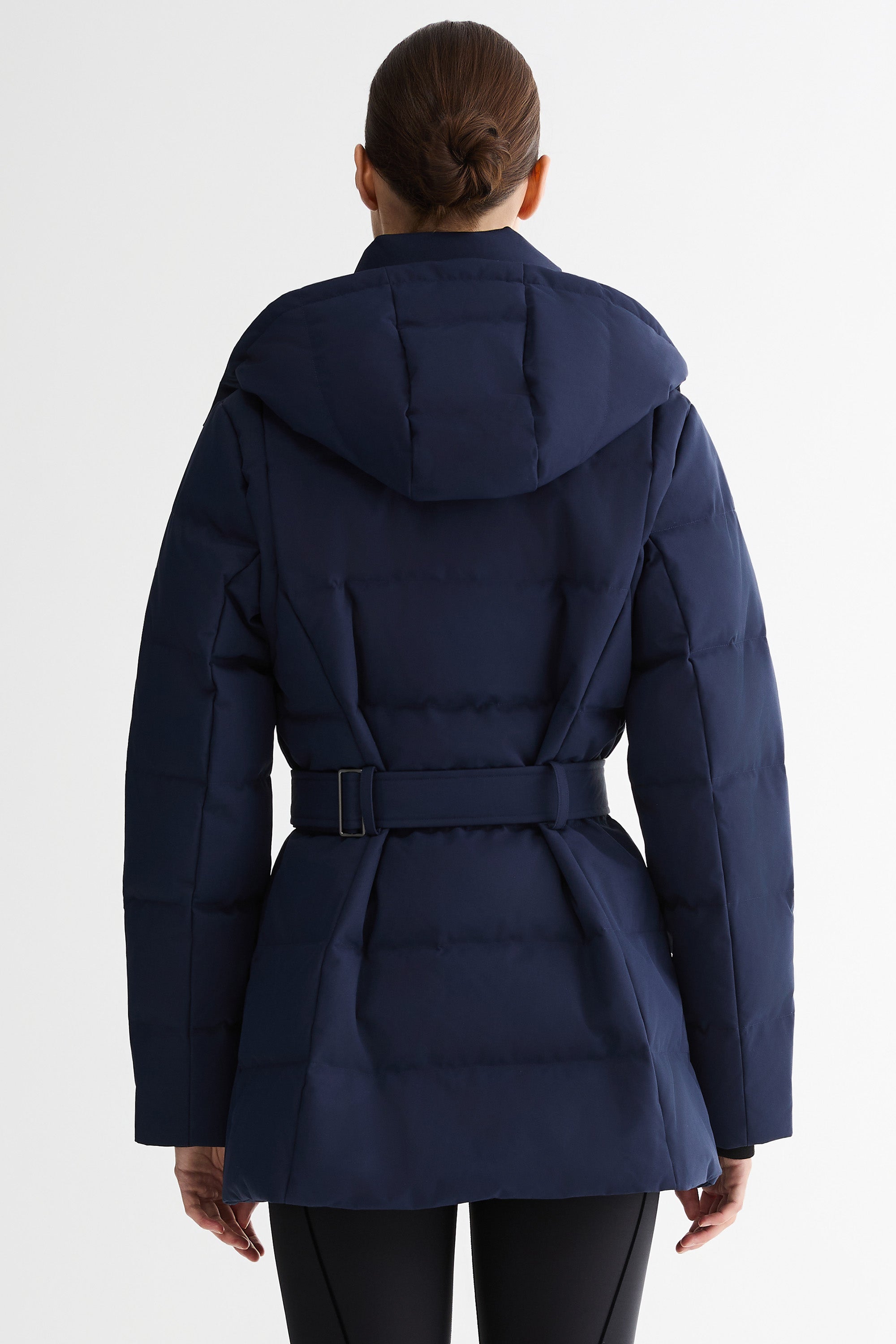 Celeste Polished Edge Belted Hooded Down Jacket #color_navy
