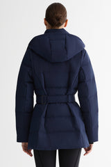 Celeste Polished Edge Belted Hooded Down Jacket #color_navy
