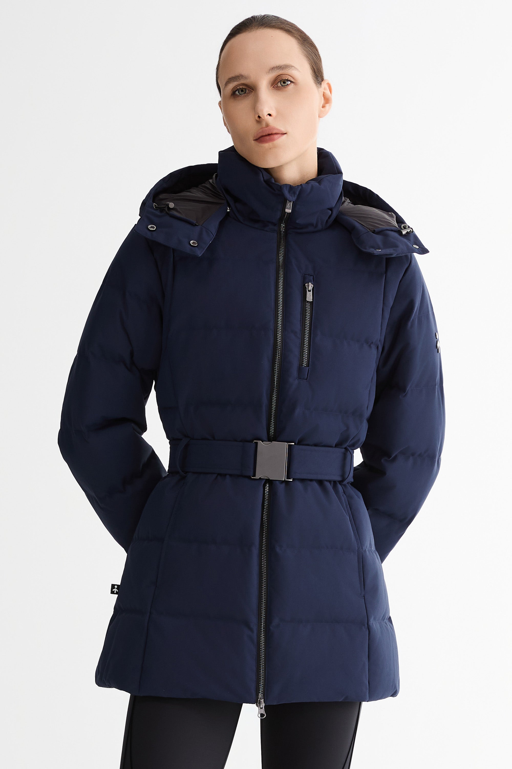 Celeste Polished Edge Belted Hooded Down Jacket #color_navy