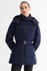 Celeste Polished Edge Belted Hooded Down Jacket #color_navy