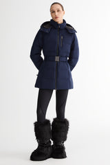 Celeste Polished Edge Belted Hooded Down Jacket #color_navy