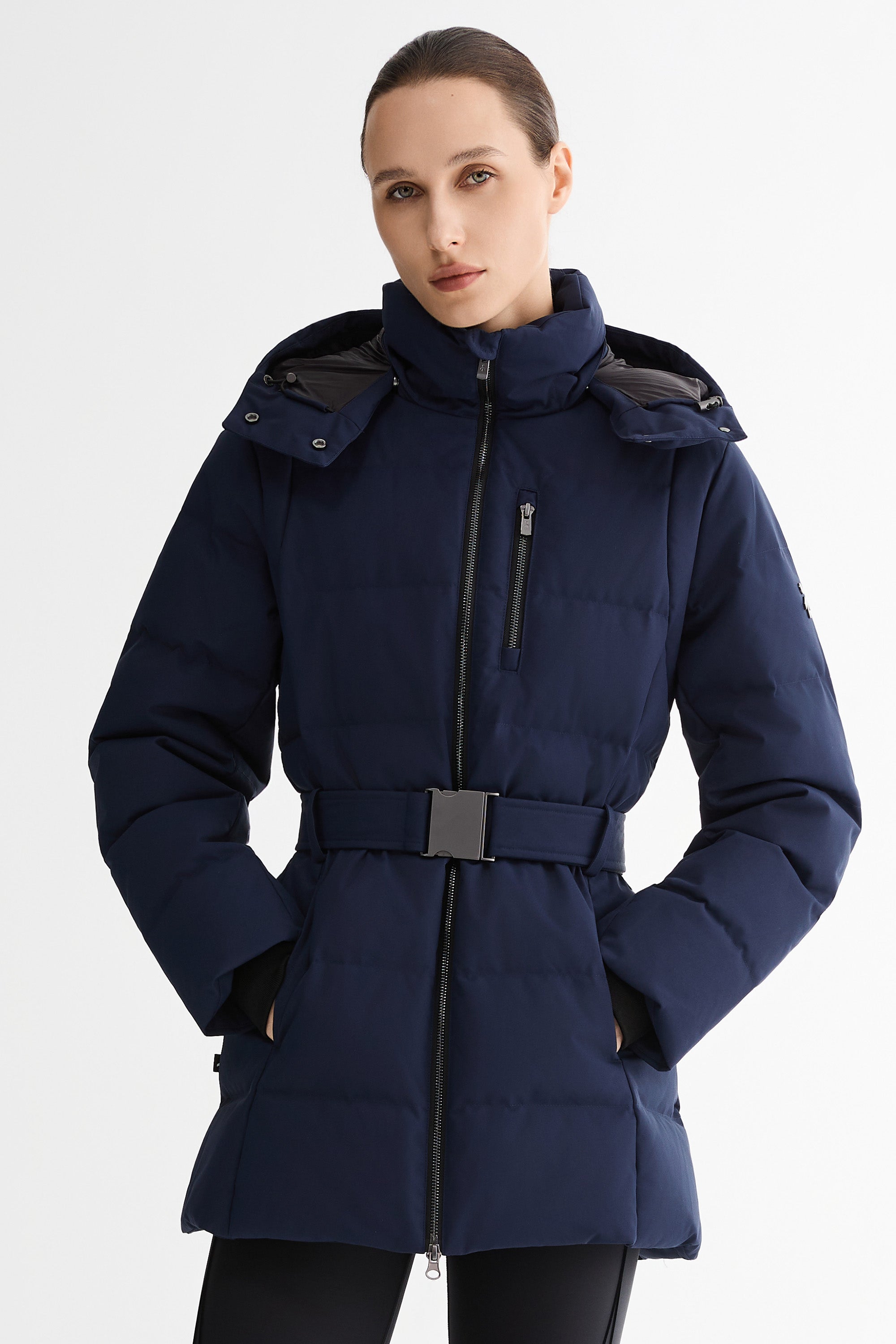 Celeste Polished Edge Belted Hooded Down Jacket #color_navy