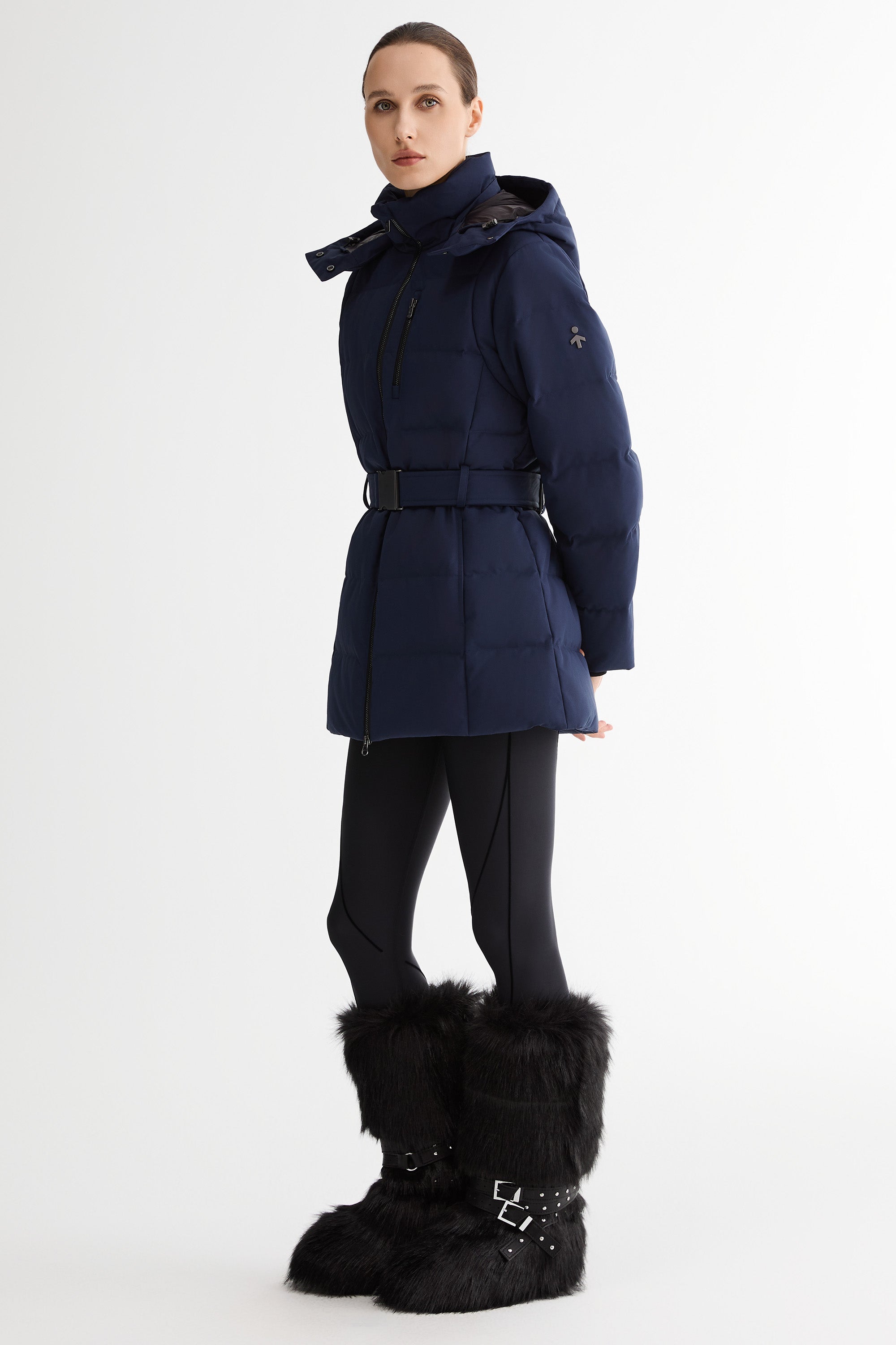 Celeste Polished Edge Belted Hooded Down Jacket #color_navy