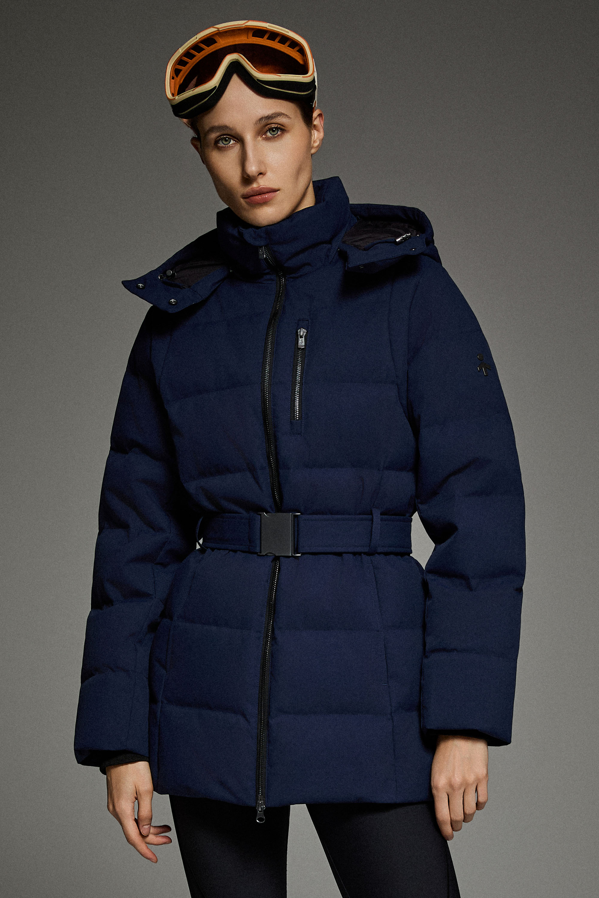 Celeste Polished Edge Belted Hooded Down Jacket #color_navy