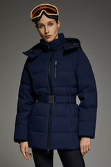 Celeste Polished Edge Belted Hooded Down Jacket #color_navy