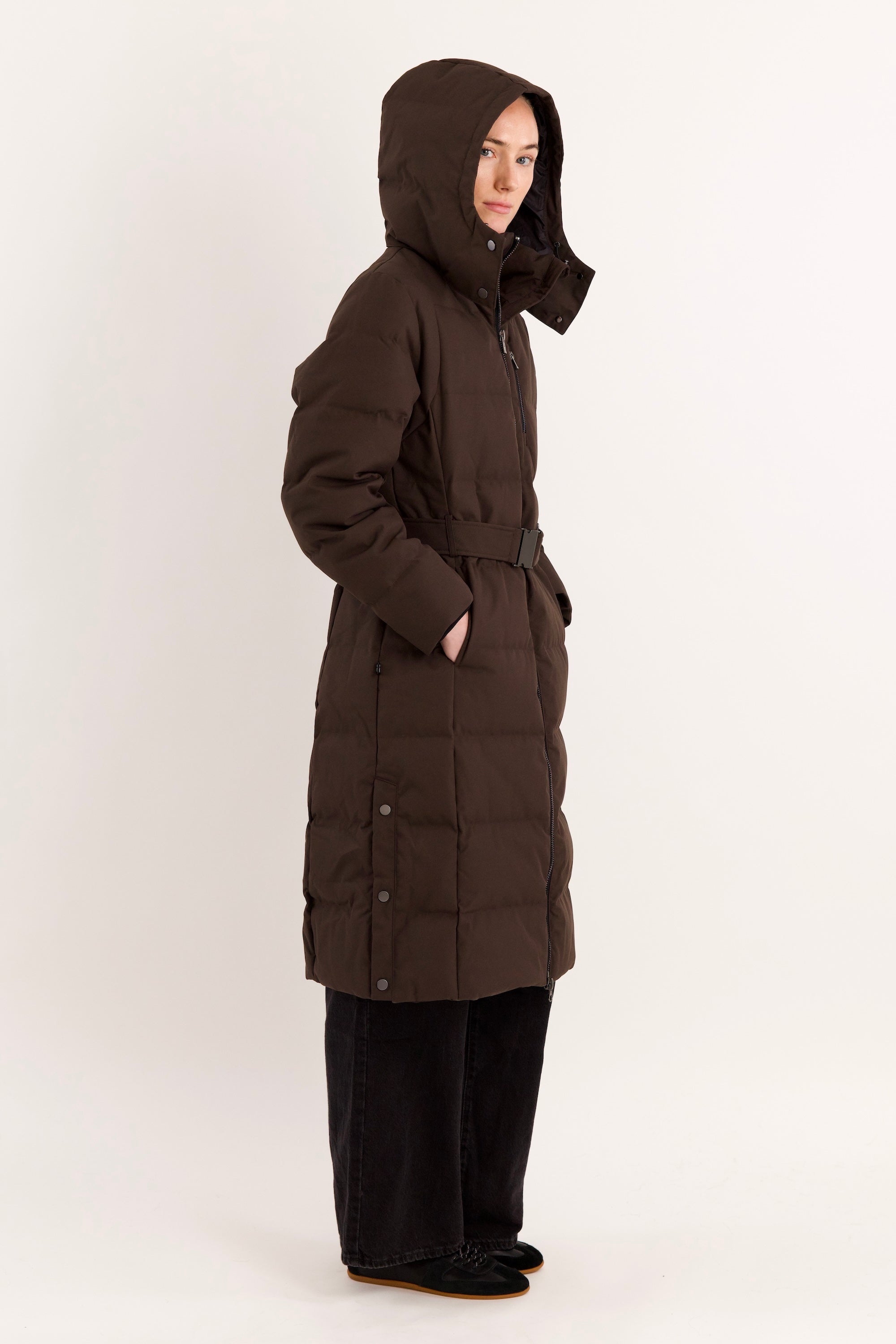 Full-Length Belted Hooded Down Jacket Orolay #color_coffee