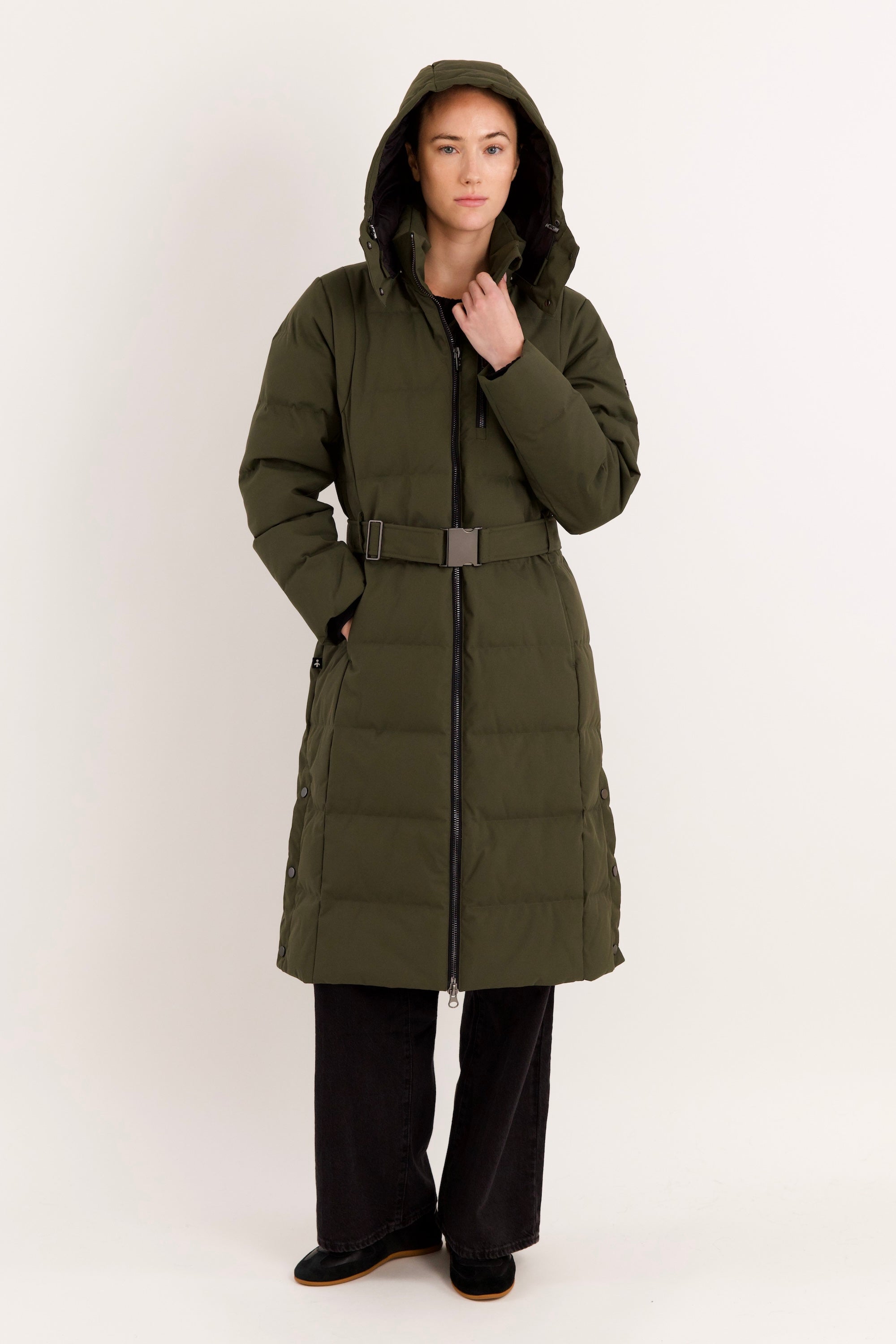 Full-Length Belted Hooded Down Jacket Orolay #color_olive