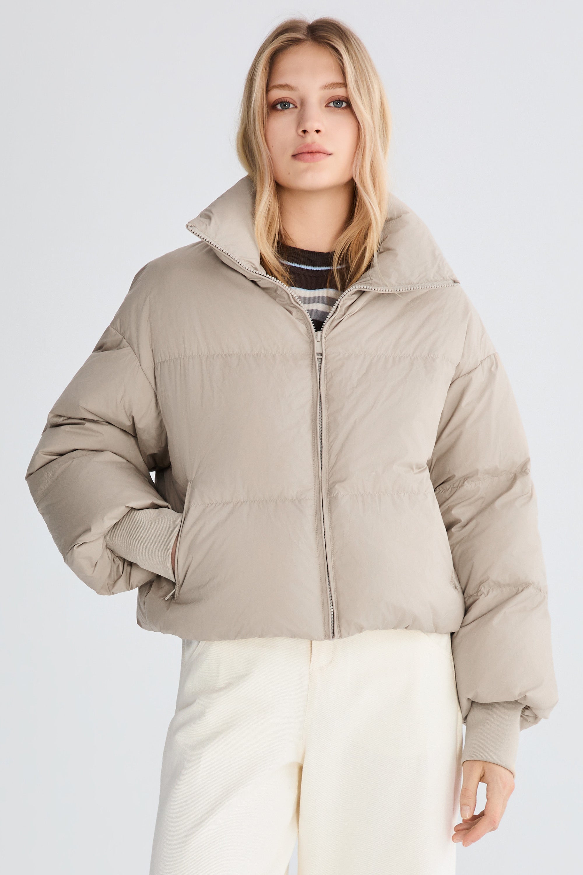 Down Coat-Orolay-Puff-O Classics Short Oversized Down Coat-#color_ Taupe