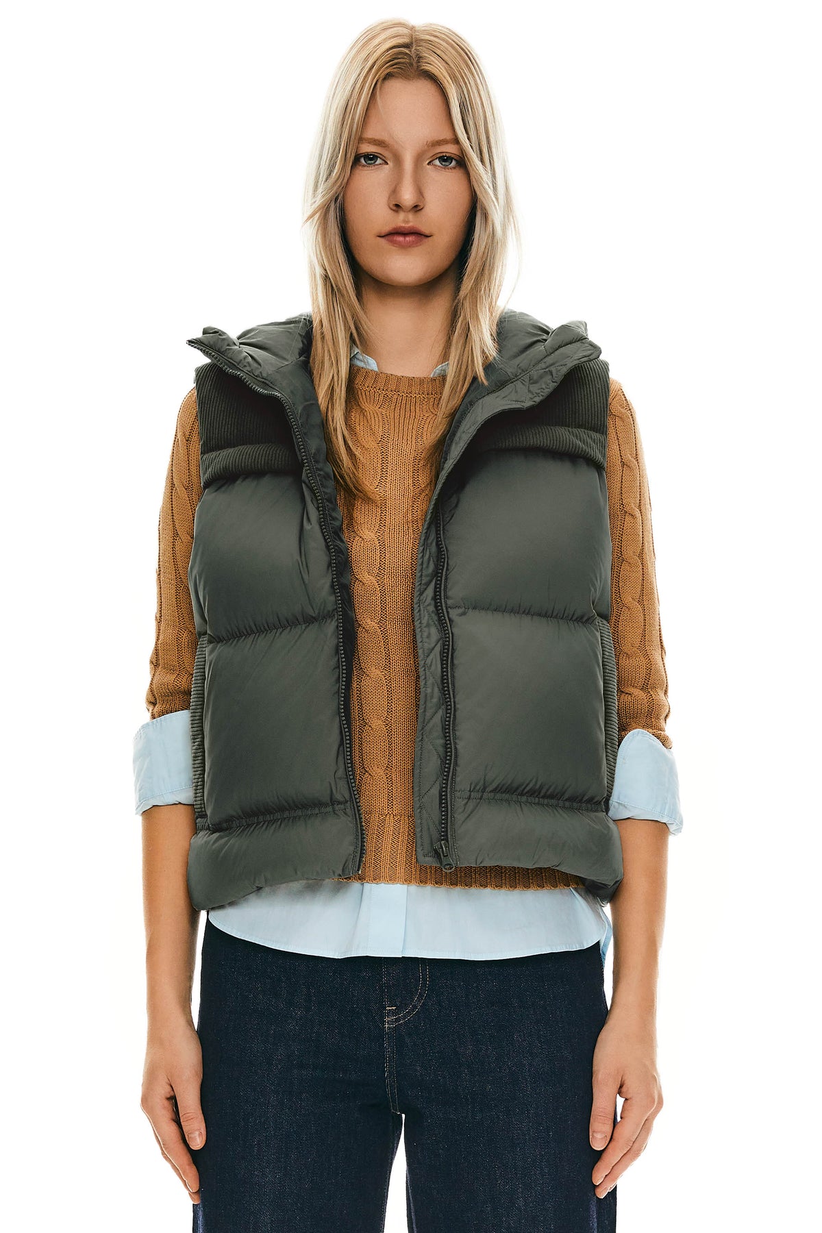Hooded Puffer Down Vest Cropped Zip Up Lightweight