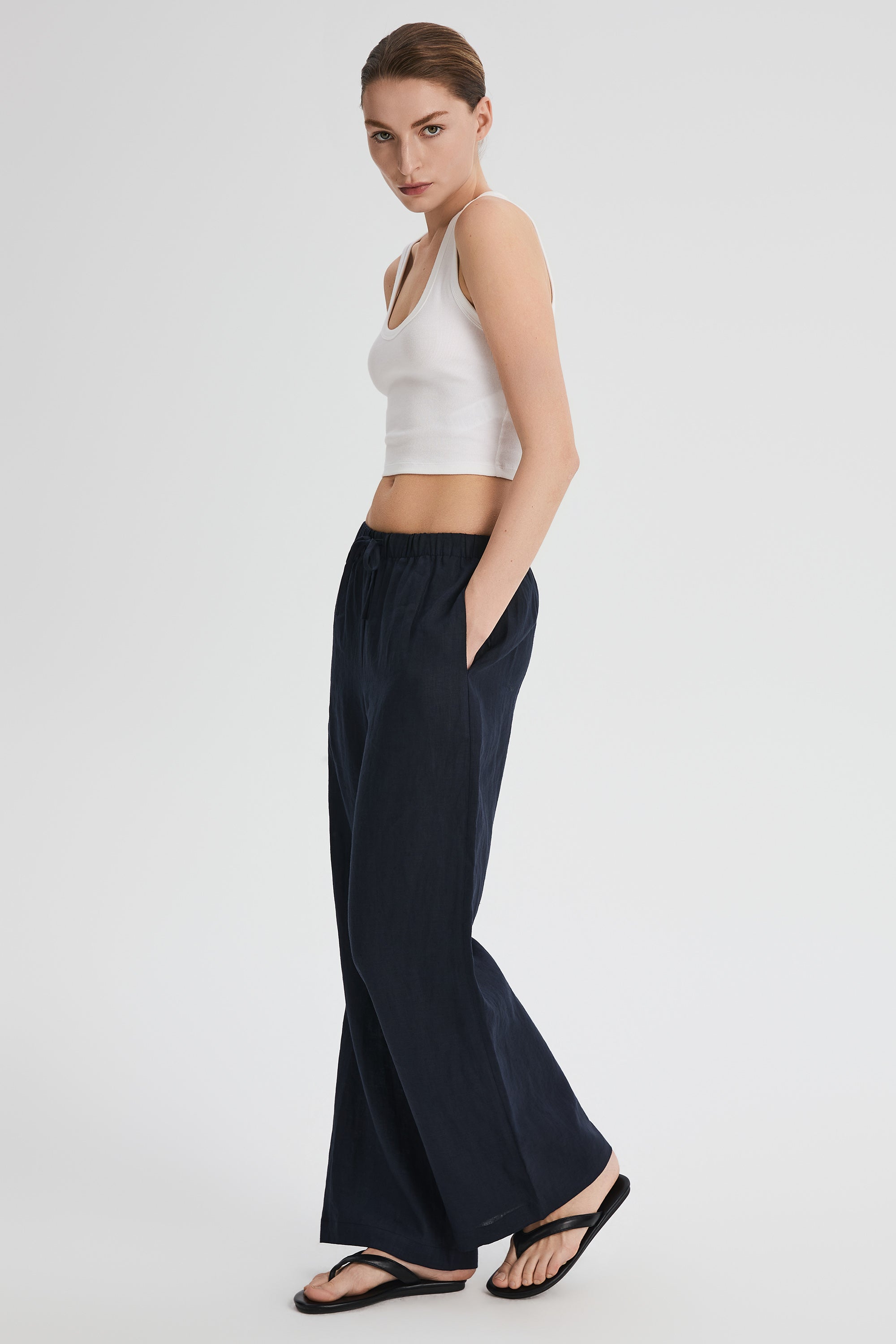 Oversized Linen Wide-Leg Drawstring Pants Orolay #color_Dark night navy