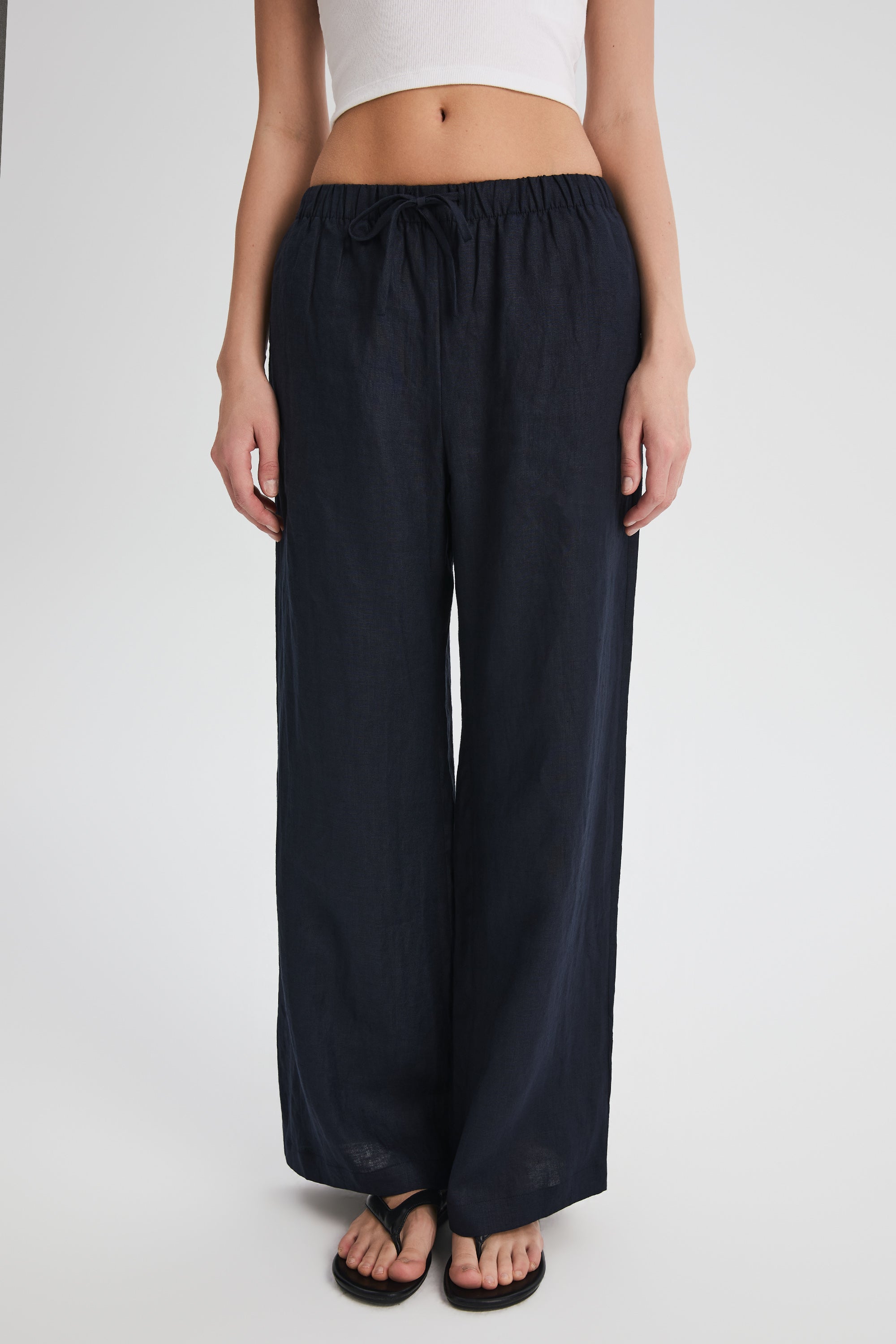 Oversized Linen Wide-Leg Drawstring Pants Orolay #color_Dark night navy