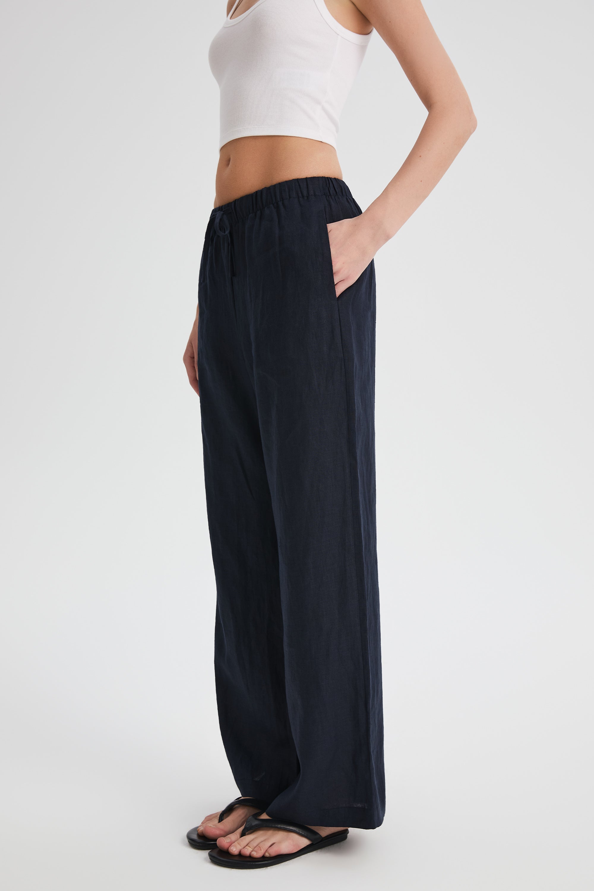 Oversized Linen Wide-Leg Drawstring Pants Orolay #color_Dark night navy