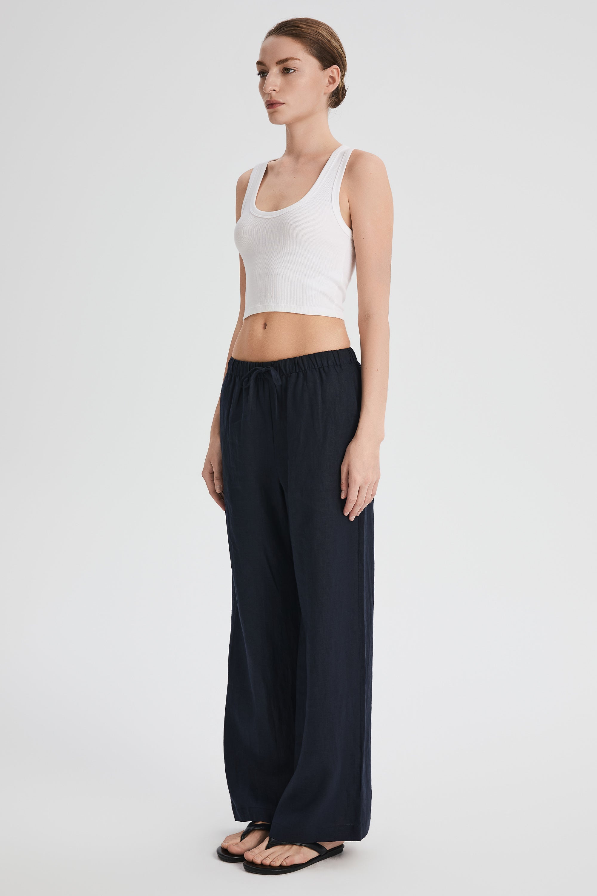 Oversized Linen Wide-Leg Drawstring Pants Orolay #color_Dark night navy