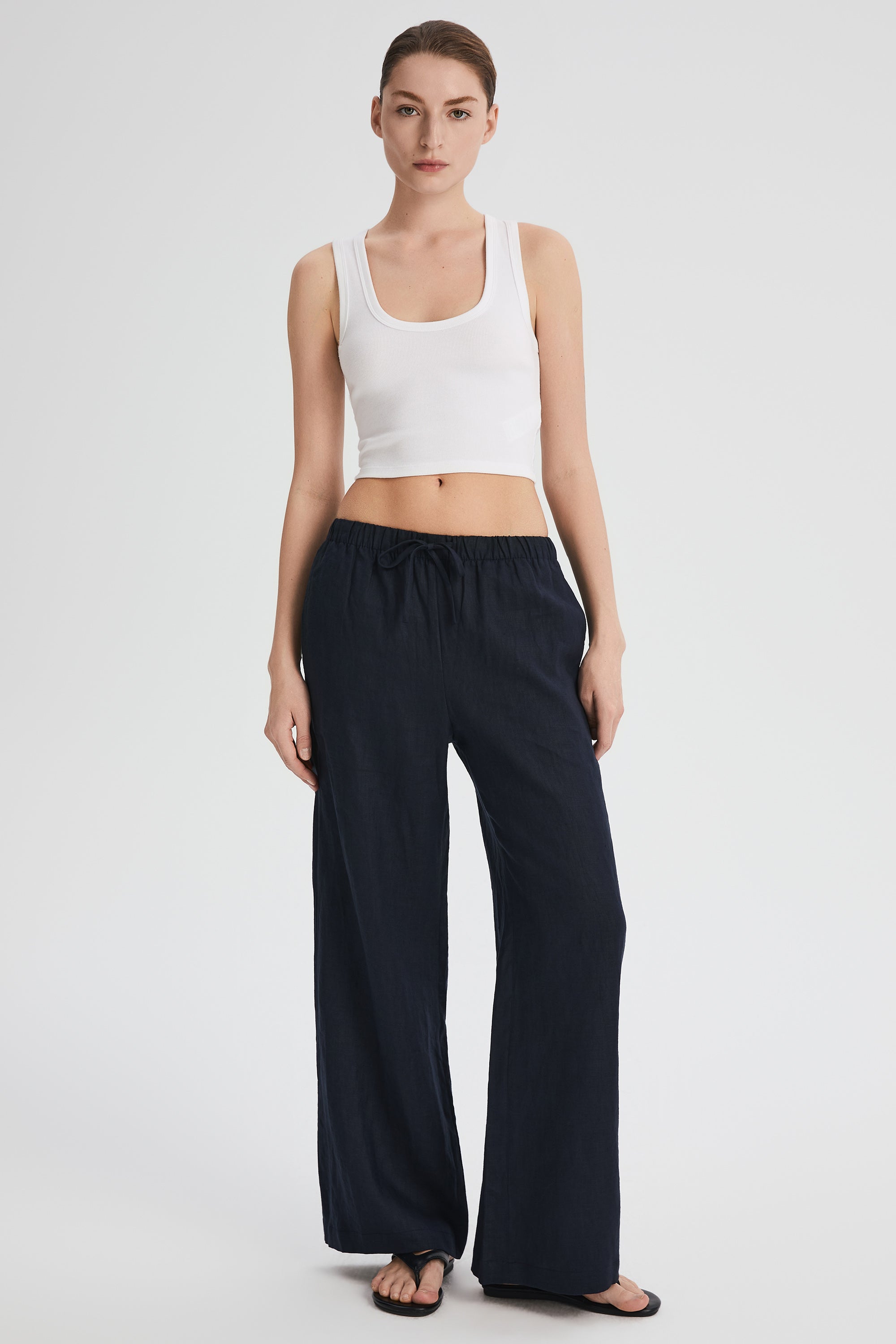 Oversized Linen Wide-Leg Drawstring Pants Orolay #color_Dark night navy