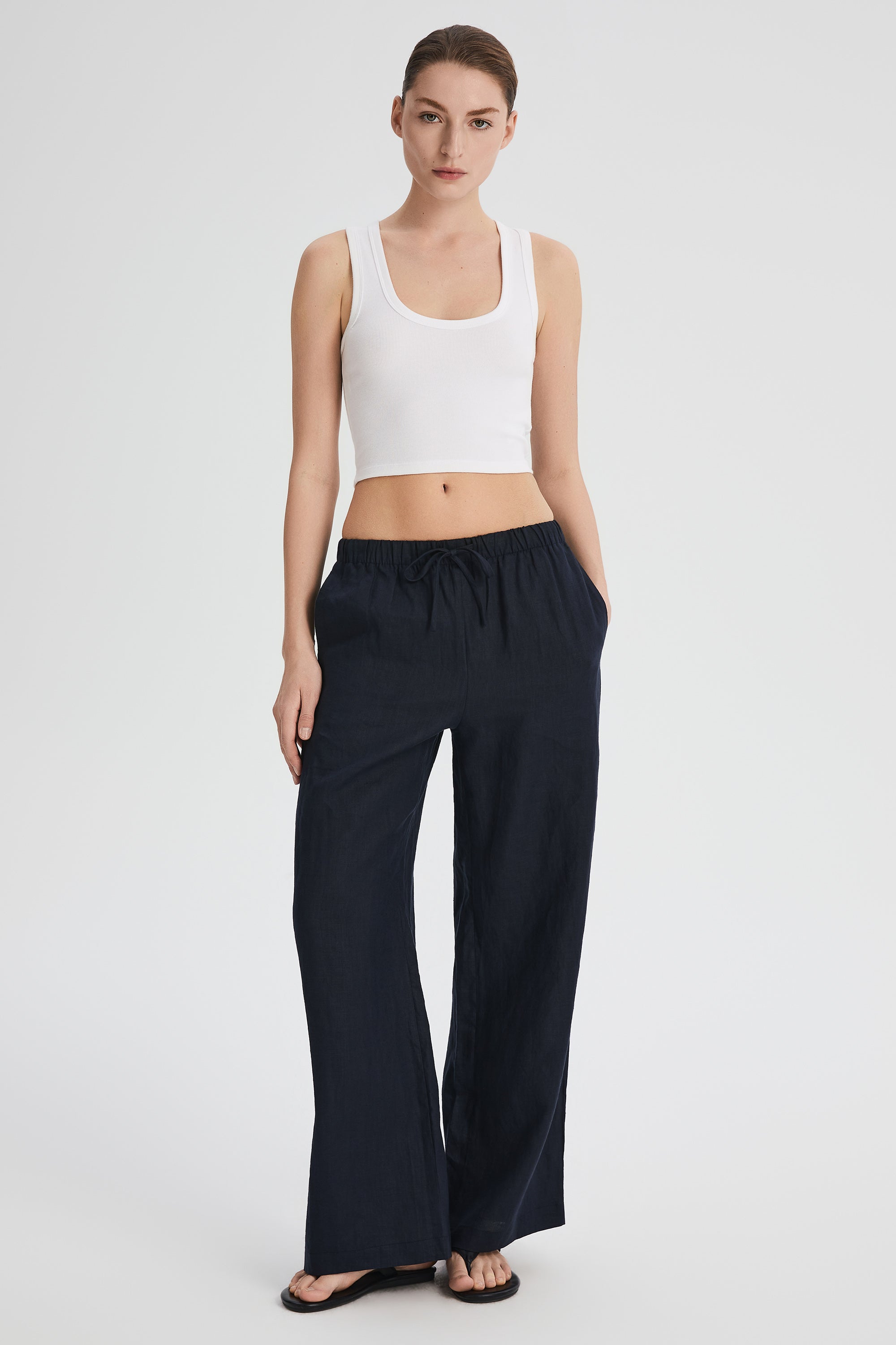 Oversized Linen Wide-Leg Drawstring Pants Orolay #color_Dark night navy