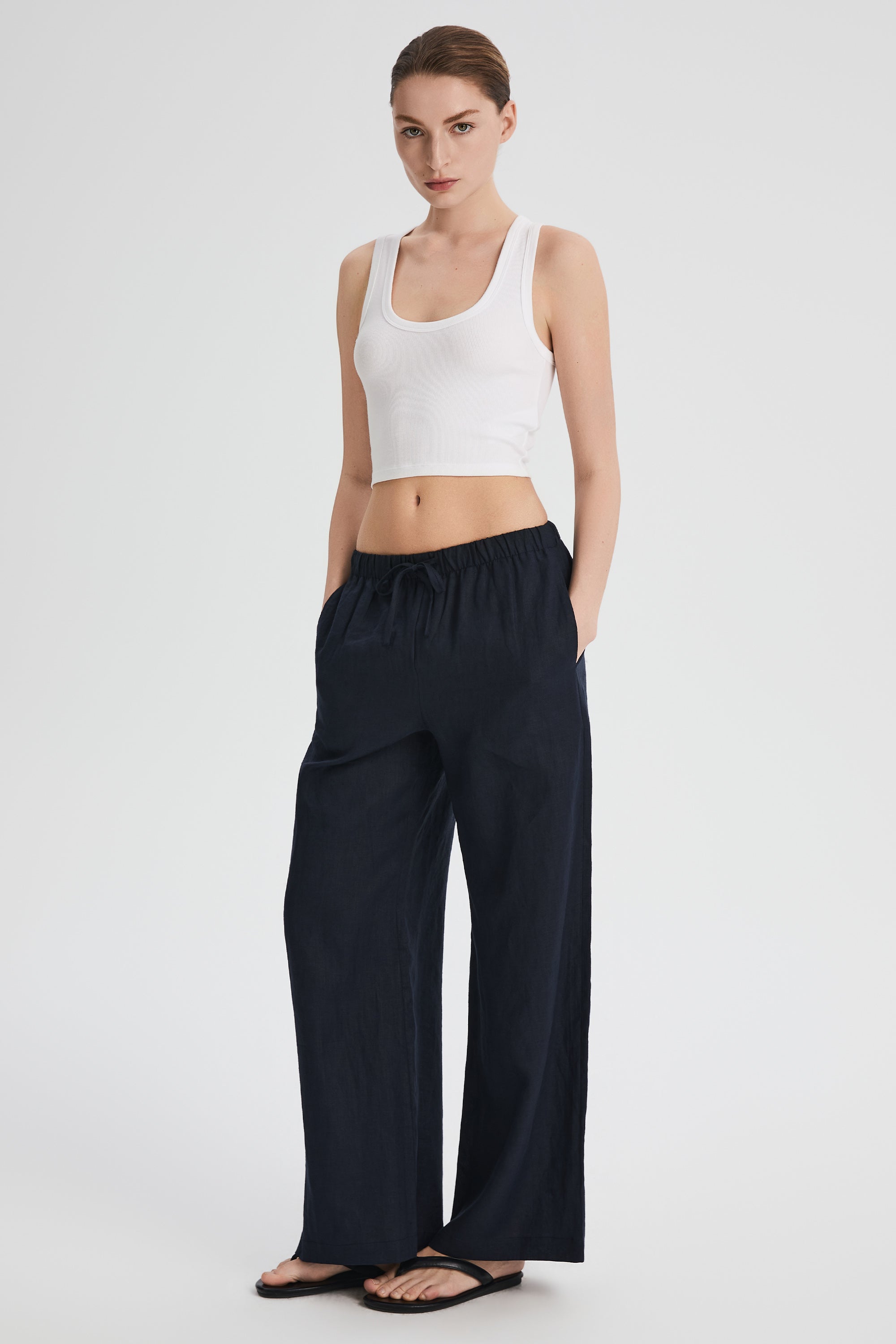 Oversized Linen Wide-Leg Drawstring Pants Orolay #color_Dark night navy
