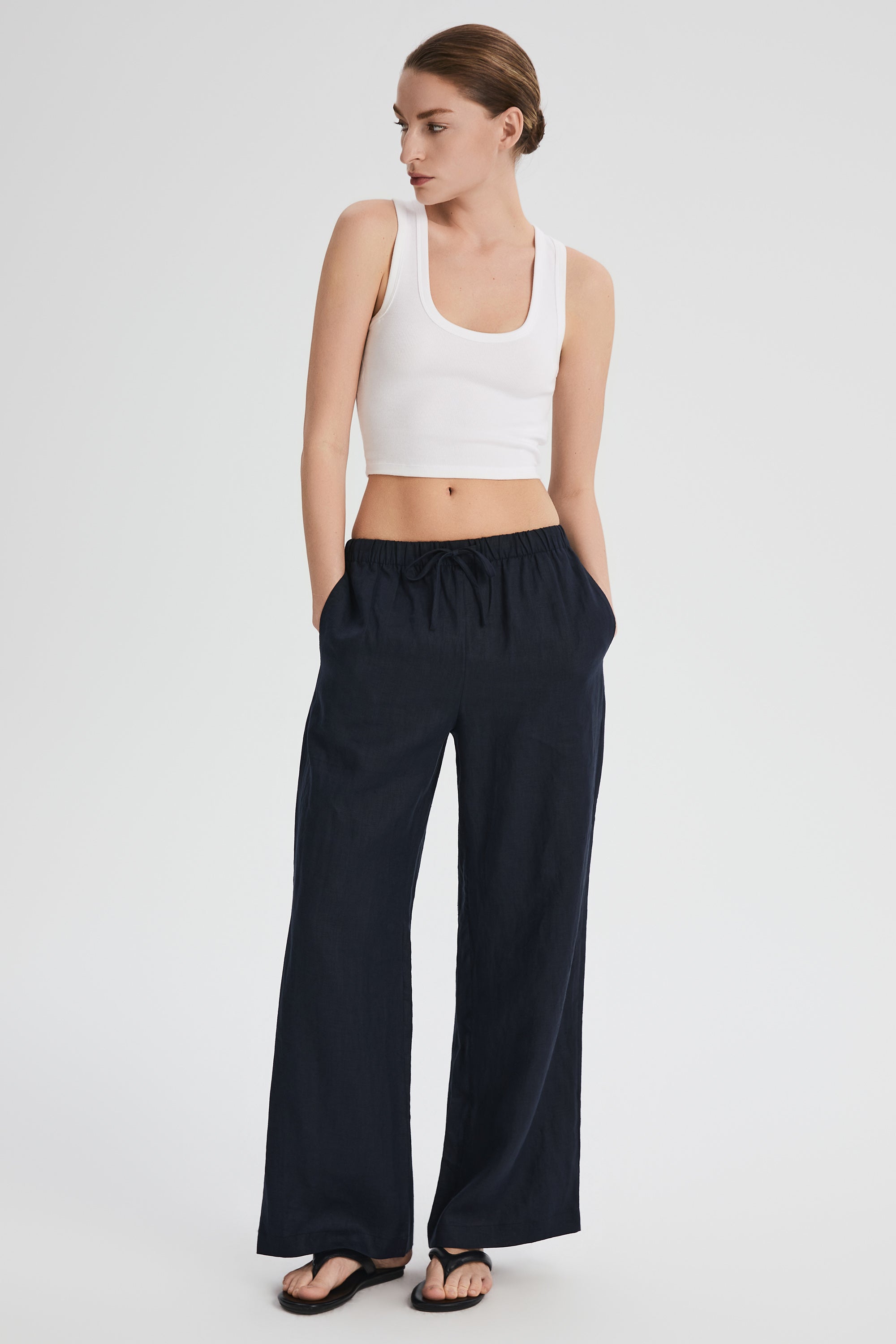 Oversized Linen Wide-Leg Drawstring Pants Orolay #color_Dark night navy