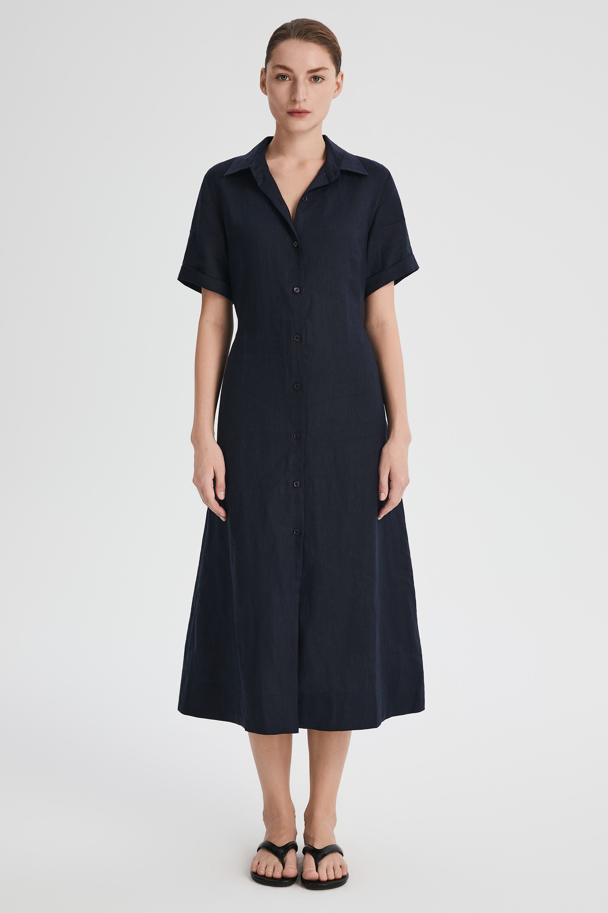 Classic Linen Maxi Dress Orolay #color_Dark night navy