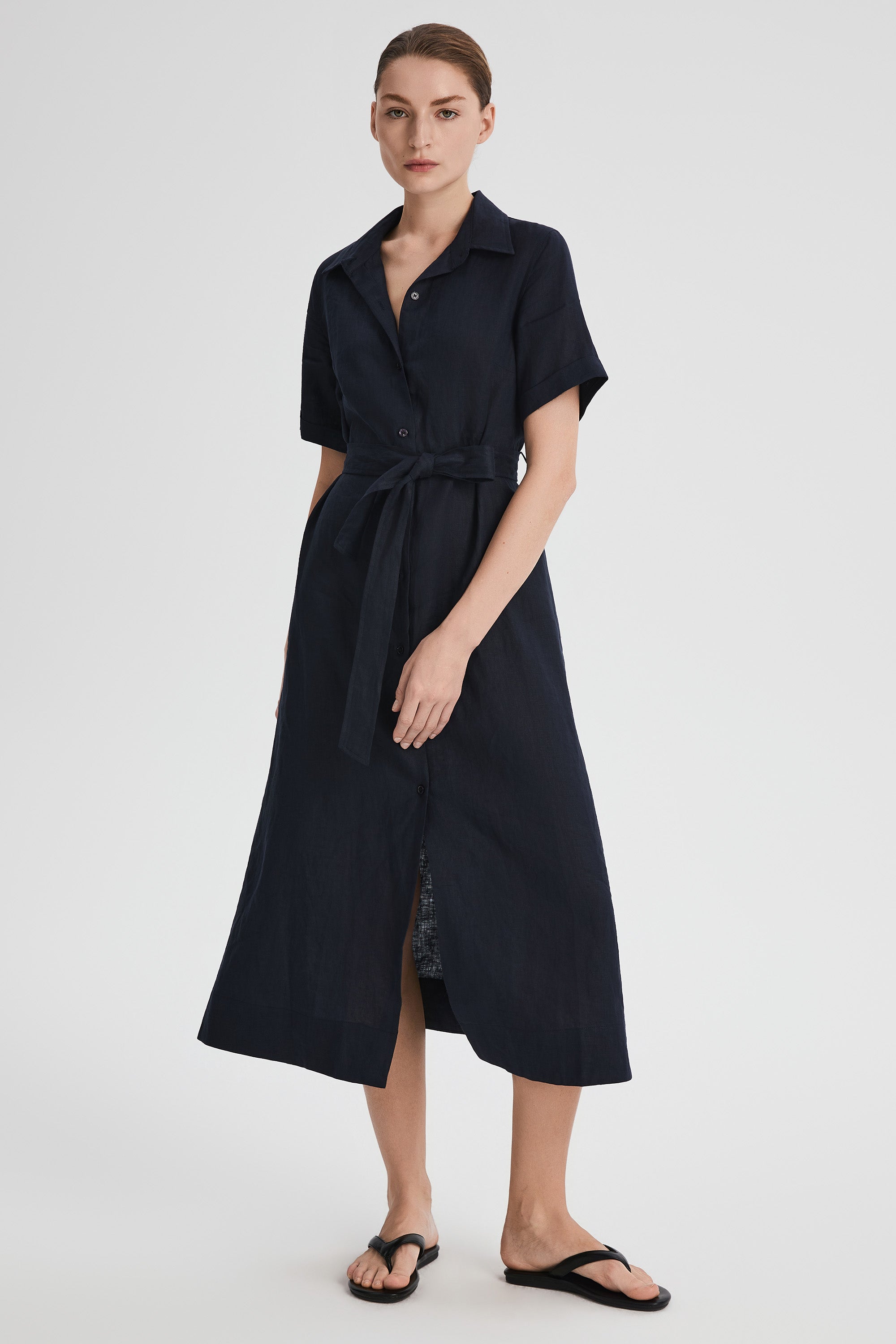 Classic Linen Maxi Dress Orolay #color_Dark night navy