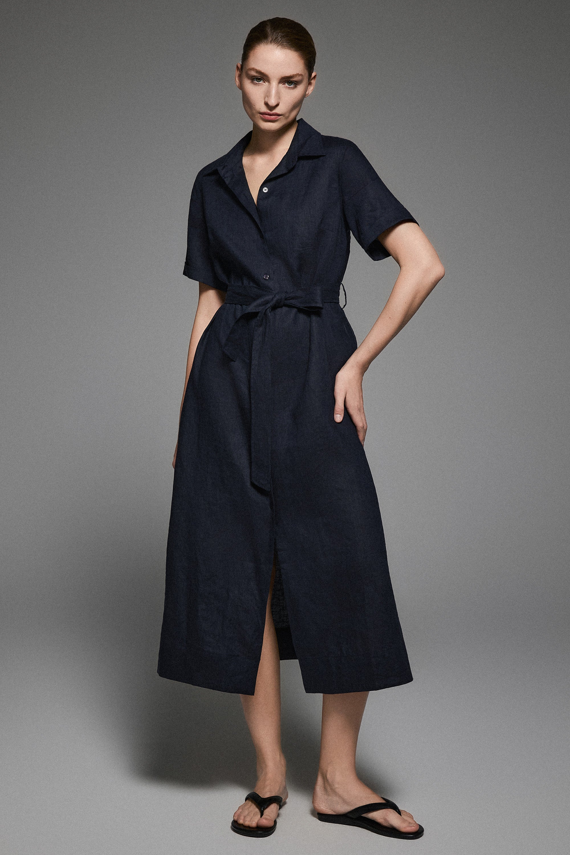 Classic Linen Maxi Dress Orolay #color_Dark night navy