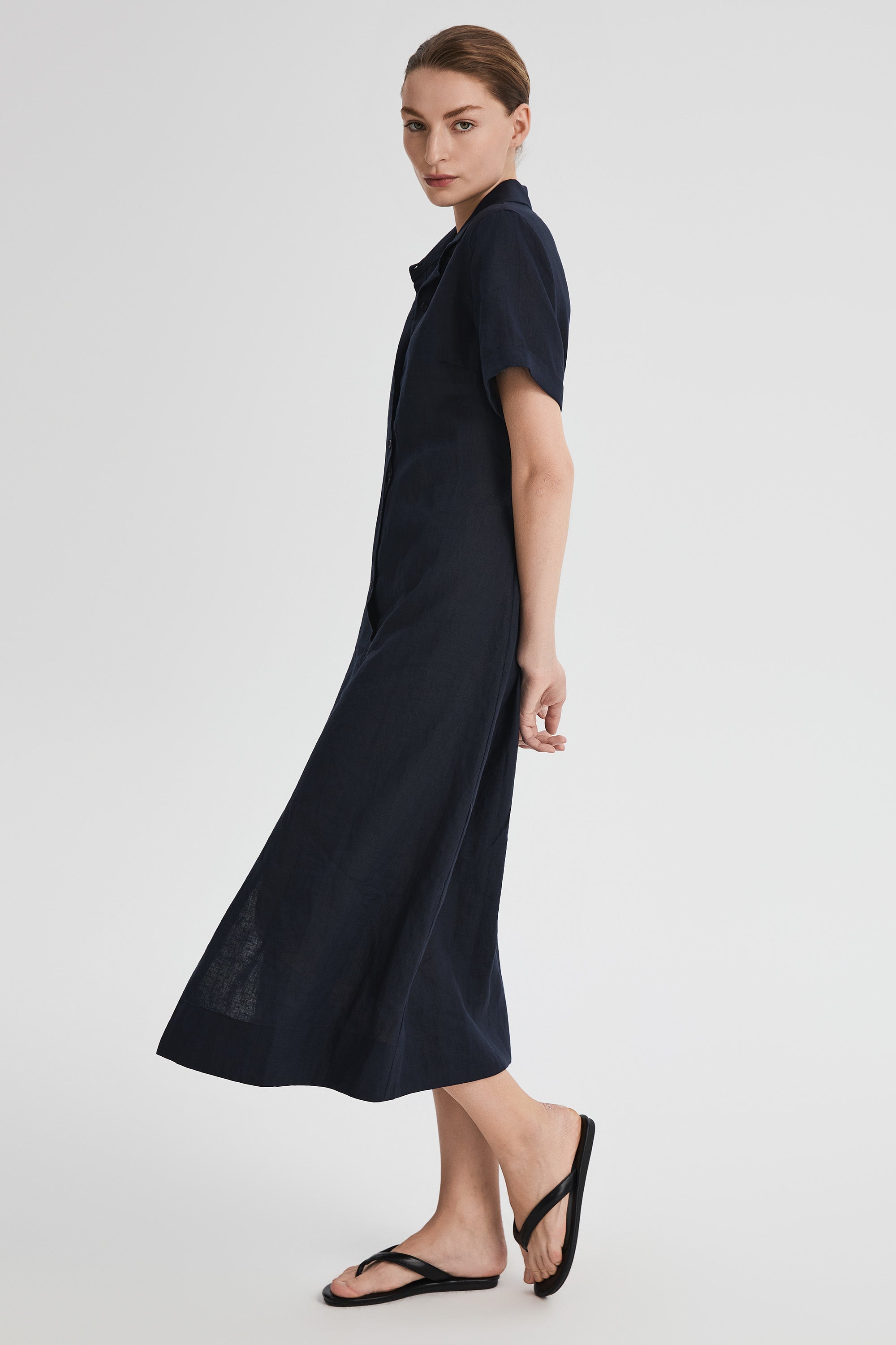 Classic Linen Maxi Dress Orolay #color_Dark night navy
