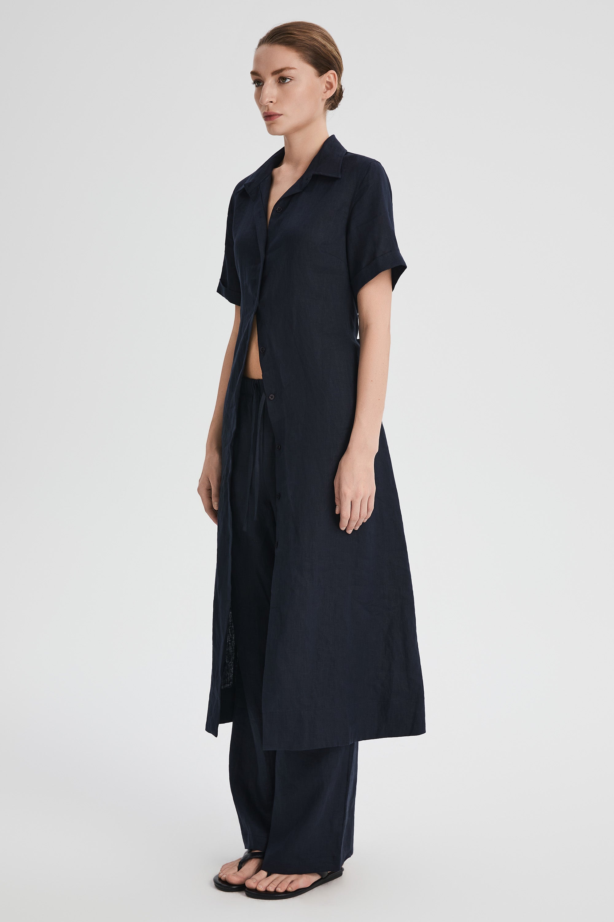 Classic Linen Maxi Dress Orolay #color_Dark night navy