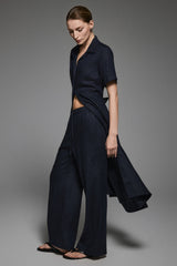Oversized Linen Wide-Leg Drawstring Pants Orolay #color_Dark night navy