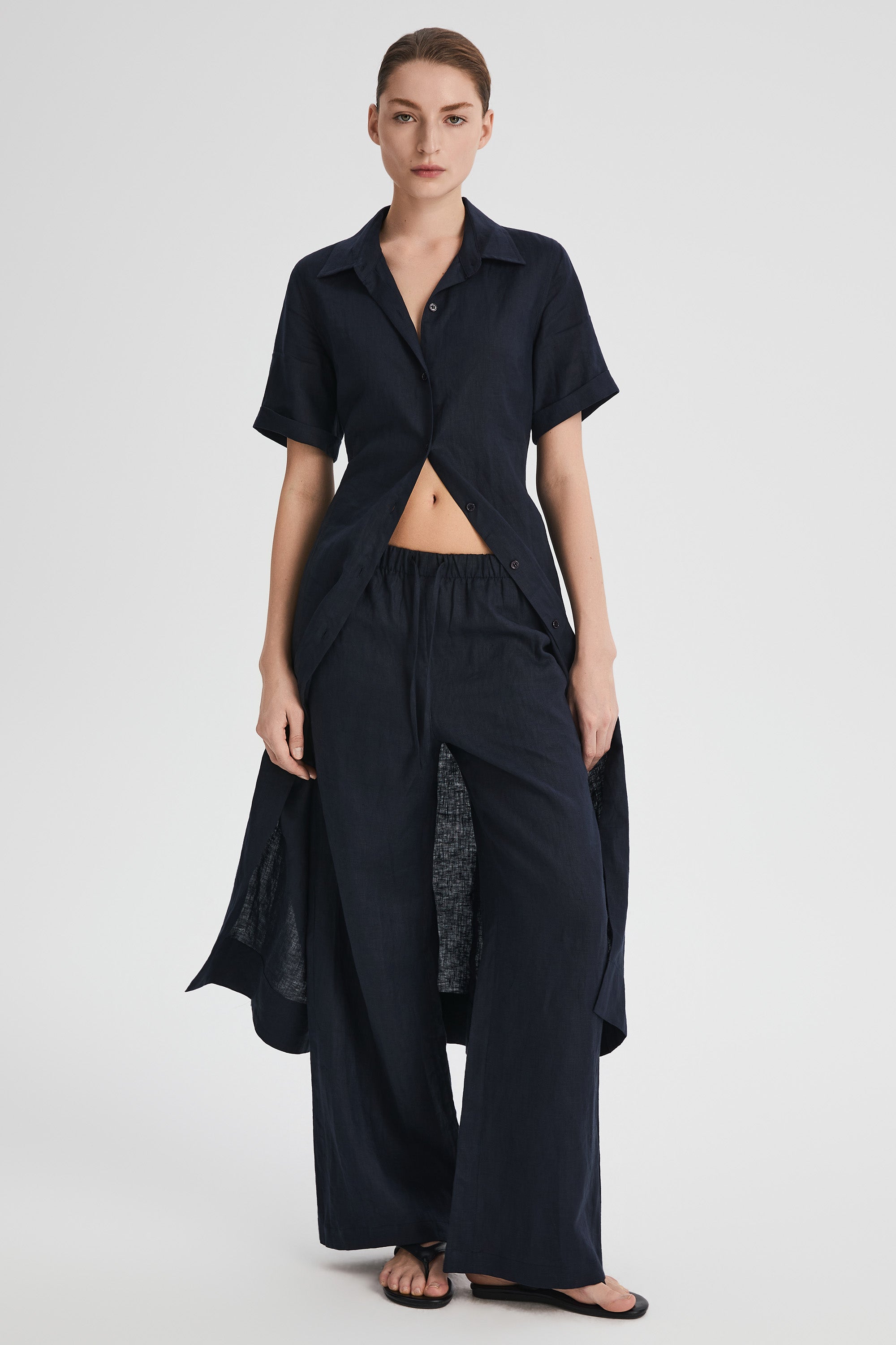 Classic Linen Maxi Dress Orolay #color_Dark night navy