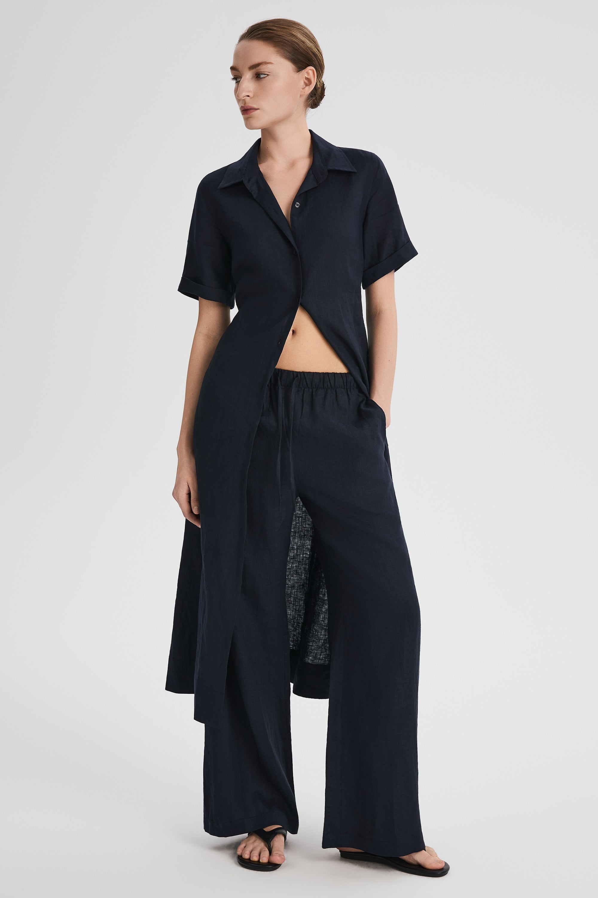 Classic Linen Maxi Dress Orolay #color_Dark night navy