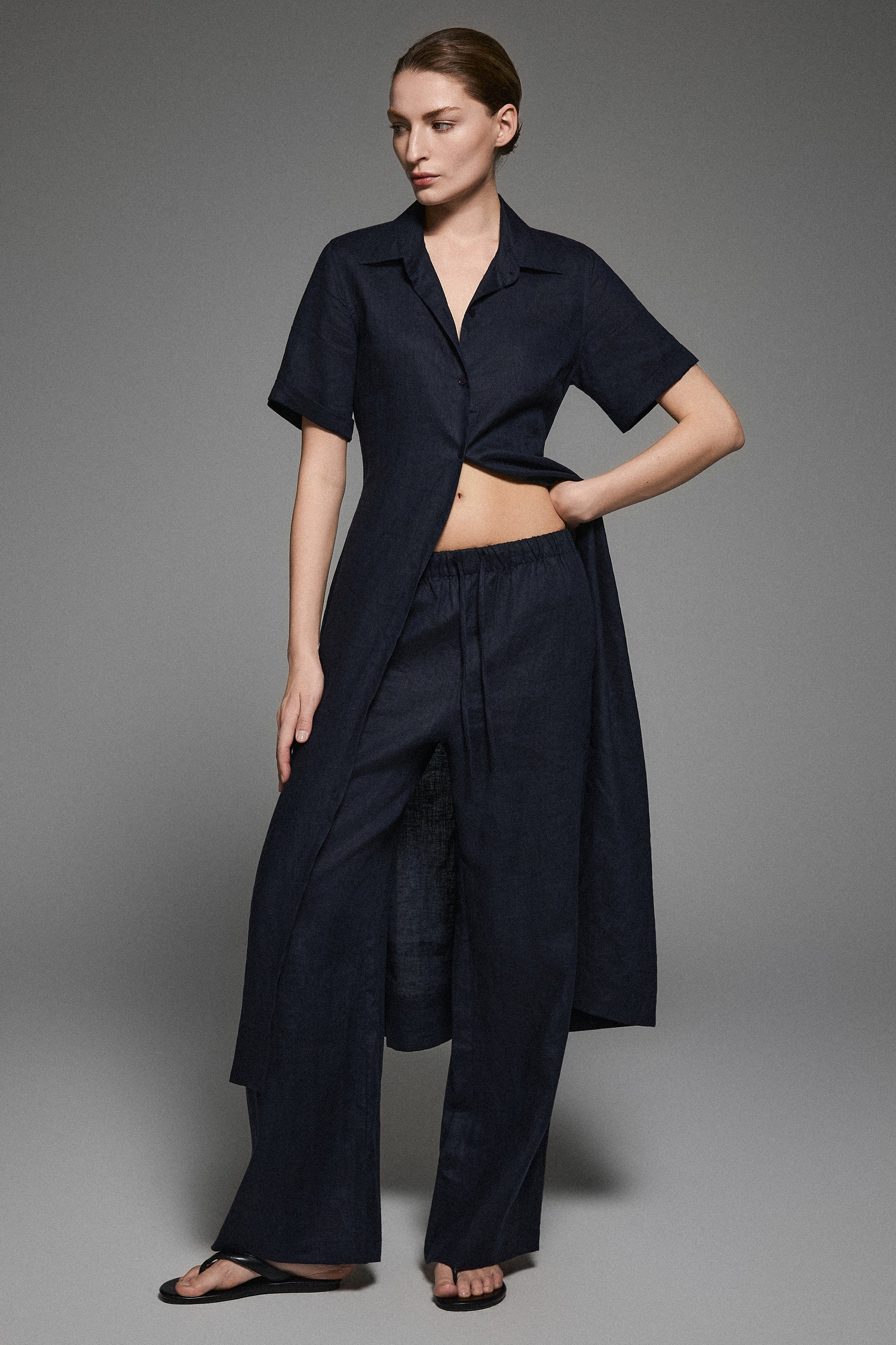 Classic Linen Maxi Dress Orolay #color_Dark night navy