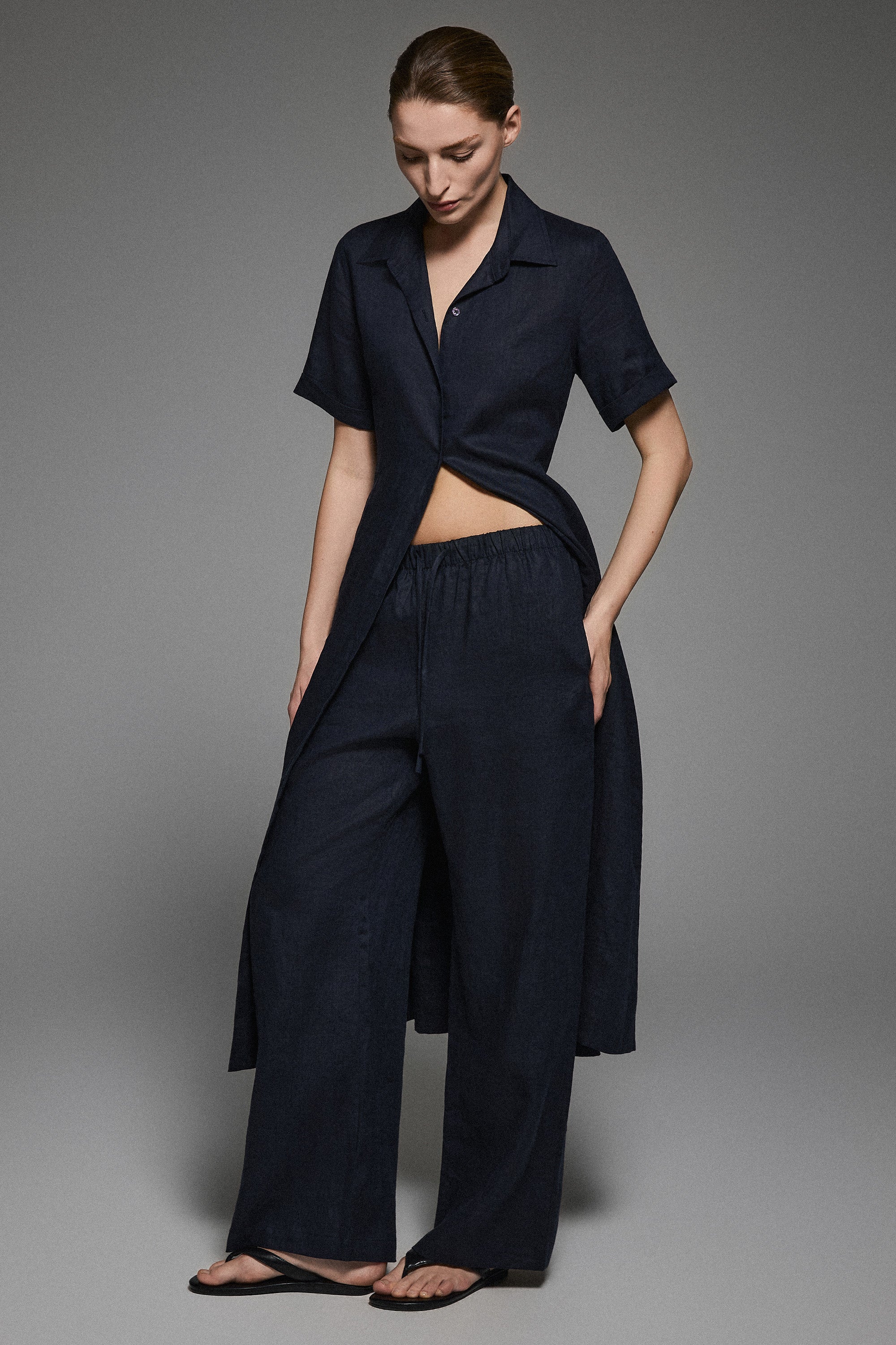 Classic Linen Maxi Dress Orolay #color_Dark night navy