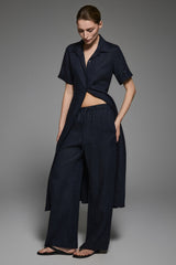 Oversized Linen Wide-Leg Drawstring Pants Orolay #color_Dark night navy