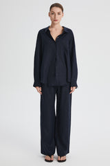 Oversized Linen Button-Up Shirt #color_dark night navy