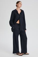 Oversized Linen Button-Up Shirt #color_dark night navy