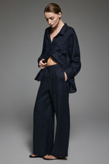 Oversized Linen Button-Up Shirt #color_dark night navy