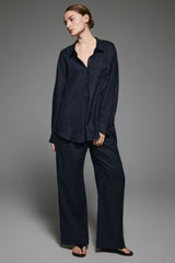 Oversized Linen Button-Up Shirt #color_dark night navy