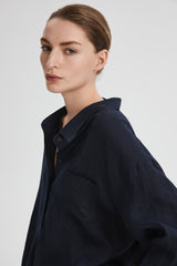 Oversized Linen Button-Up Shirt #color_dark night navy