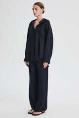 Oversized Linen Button-Up Shirt #color_dark night navy